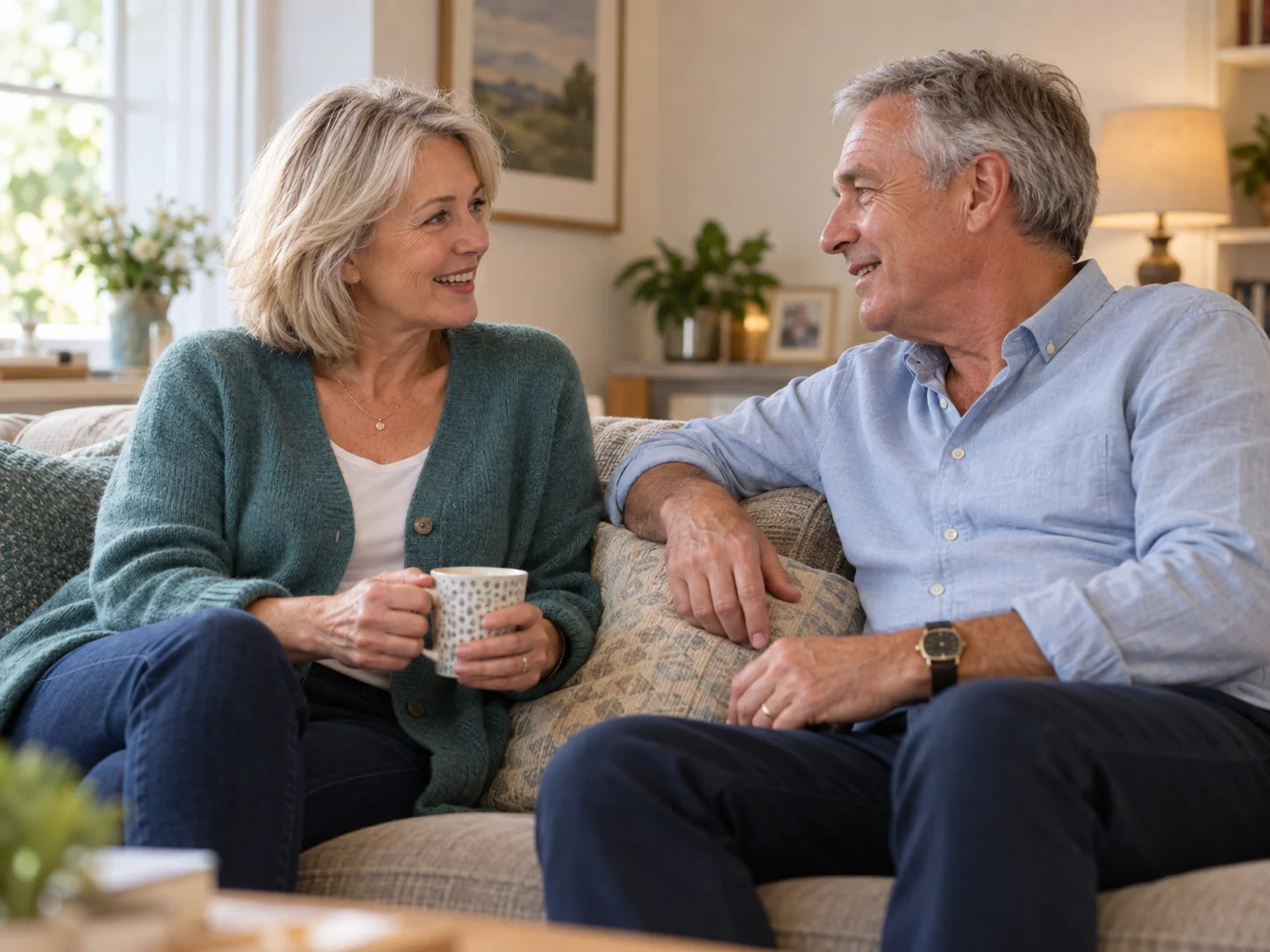 A couple enjoying a relaxed conversation at home